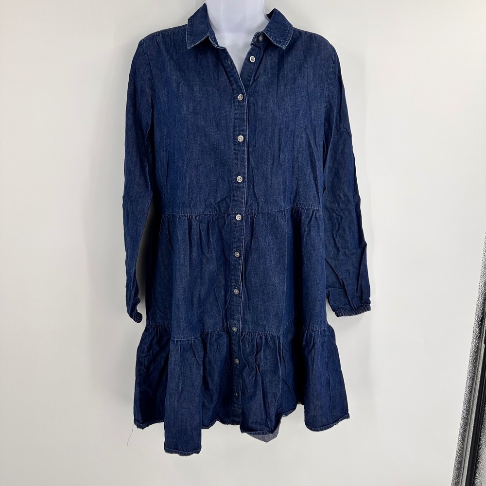 J.Crew Denim Tiered Mini Shirt Dress Blue Long Sleeve Women 8 Button Up Western